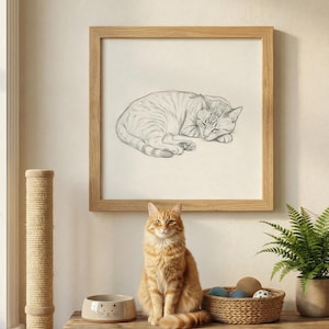 Sleeping Cat Wall Art Print | Minimalist Pencil Sketch Poster, Neutral Pet Illustration Decor for Bedroom, Living Room, Cat Lover Gift