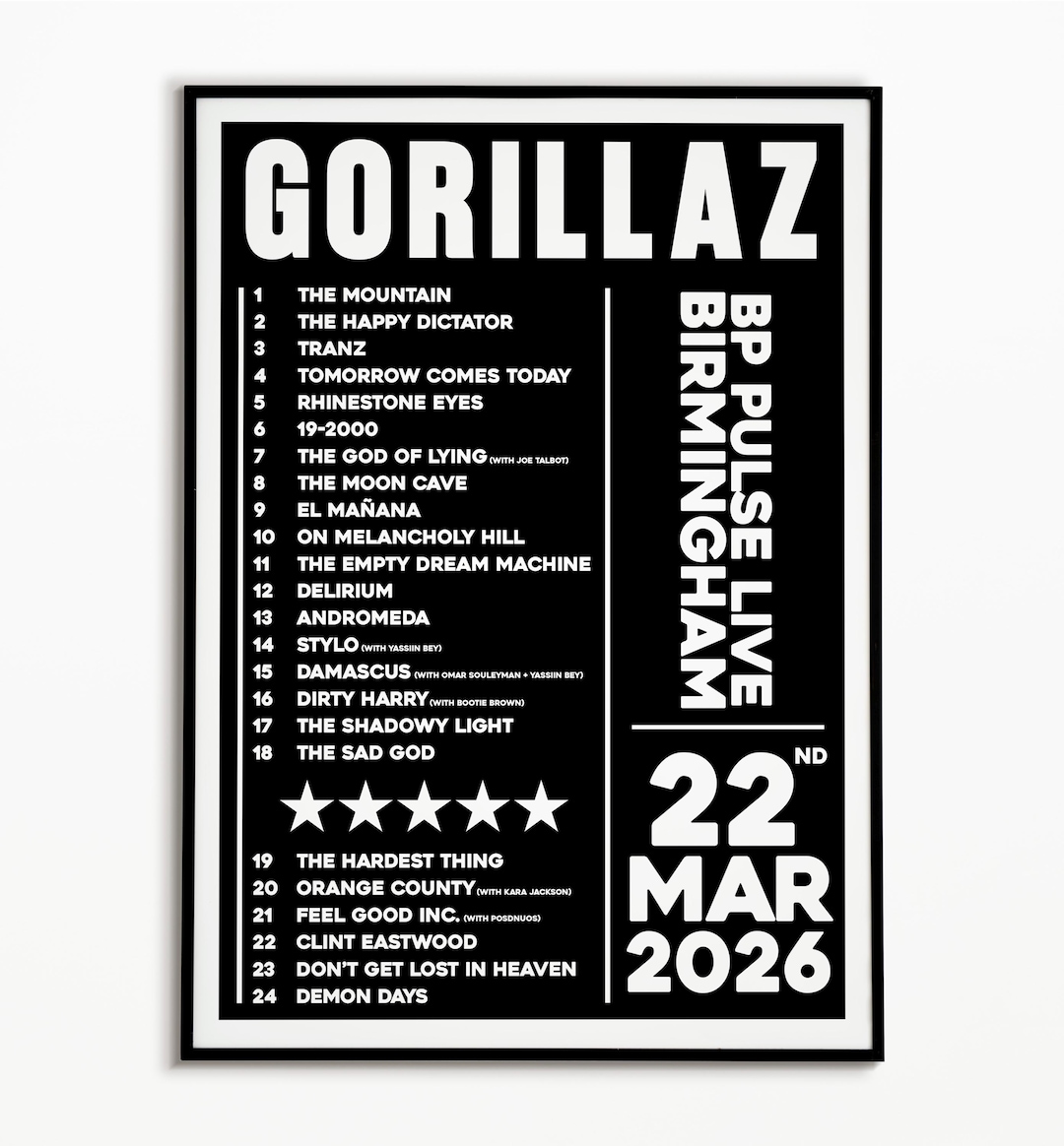 Gorillaz Setlist Print: 22nd March 2026 Birmingham, Indie Rock Concert ...