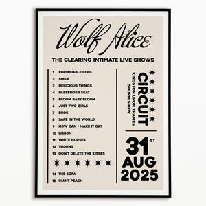 Wolf Alice Setlist Print: 31st Aug 5pm Show Kingston Upon Thames Gig Poster