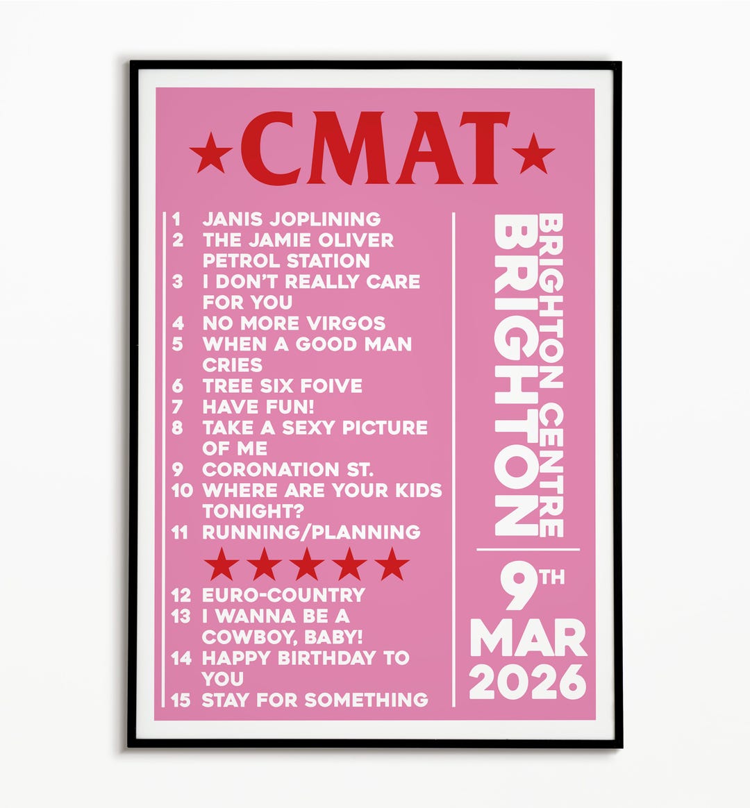 CMAT Setlist Print: 9th March 2026 O2 Brighton Concert, Indie Art Pop ...
