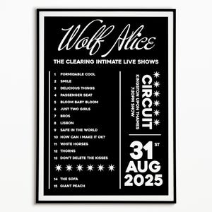 Wolf Alice Setlist Print: 31st Aug 7.30pm Show Kingston Upon Thames Gig Poster