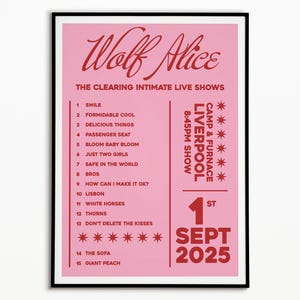 Wolf Alice Setlist Print: 1st Sept 8.45pm Show Liverpool Gig Poster