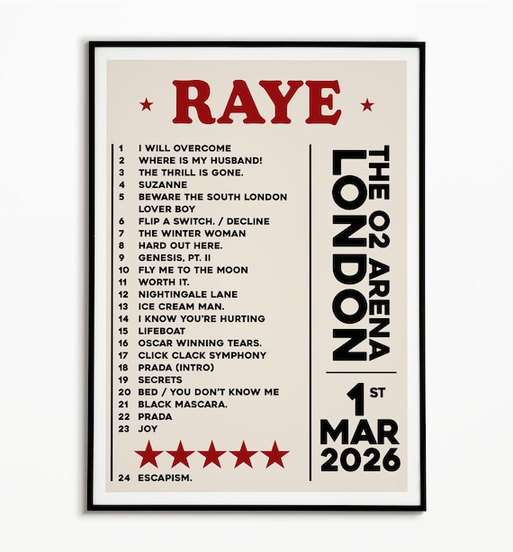 RAYE Setlist Print: London The O2 1st March 2026 | Music Inspired Wall Art | Pop Concert