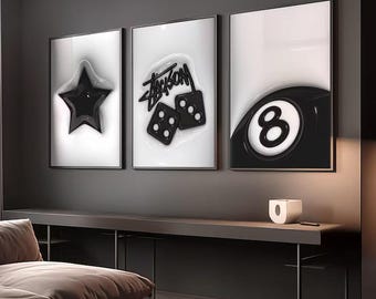 Set Of 3 HypeBeast Room Decor, Hypebast kaws Poster, Cool Wall Art Set,, 3D Wall Art Bundle, HypeBeast Wall Art, Trendy Wall Art,