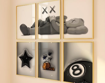 Set med 3 HypeBeast rumsdekor, Hypebast kaws-affisch, cool väggkonst-set, 3D-väggkonstpaket, HypeBeast-väggkonst, trendig väggkonst,