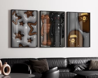 HypeBeast Room Decor, Hypebast kaws Poster, Urban Street Art 3D Prints, HypeBeast Wall Art, Hypebeast Poster, Digital download, set of 3