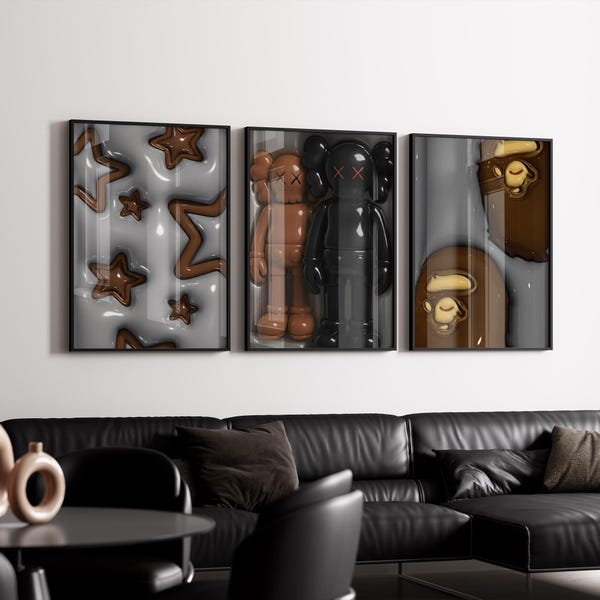 HypeBeast Room Decor, Hypebast kaws Poster, Urban Street Art 3D Prints, HypeBeast Wall Art, Hypebeast Poster, Digital download, set of 3
