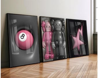 Pink Kaws HypeBeast Room Decor, Hypebast kaws Poster, Cool Wall Art Set,, 3D Wall Art Bundle, HypeBeast Wall Art, Trendy Wall Art,