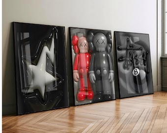 Set Of 3 HypeBeast Room Decor, Hypebast kaws Poster, Cool Wall Art Set,, 3D Wall Art Bundle, HypeBeast Wall Art, Trendy Wall Art,
