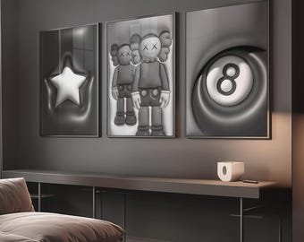 Set Of 3 HypeBeast Room Decor, Hypebast kaws Poster, Cool Wall Art Set,, 3D Wall Art Bundle, HypeBeast Wall Art, Trendy Wall Art,