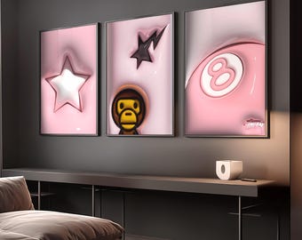 Set Of 3 HypeBeast Room Decor, Hypebast kaws Poster, Cool Wall Art Set,, 3D Wall Art Bundle, HypeBeast Wall Art, Trendy Wall Art,