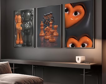 Set Of 3 HypeBeast Room Decor, Hypebast kaws Poster, Cool Wall Art Set,, 3D Wall Art Bundle, HypeBeast Wall Art, Trendy Wall Art,