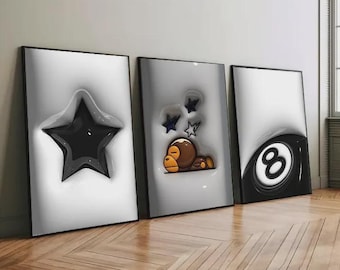 Set med 3 HypeBeast rumsdekor, Hypebast kaws-affisch, cool väggkonst-set, 3D-väggkonstpaket, HypeBeast-väggkonst, trendig väggkonst,