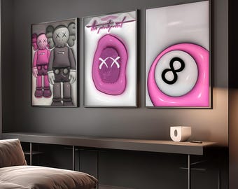 Set Of 3 HypeBeast Room Decor, Hypebast kaws Poster, Cool Wall Art Set,, 3D Wall Art Bundle, HypeBeast Wall Art, Trendy Wall Art,