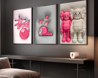 Set Of 3 HypeBeast Room Decor, Hypebast kaws Poster, Cool Wall Art Set,, 3D Wall Art Bundle, HypeBeast Wall Art, Trendy Wall Art,