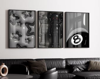 HypeBeast Room Decor, Hypebast kaws Poster, Urban Street Art 3D Prints, HypeBeast Wall Art, Hypebeast Poster, Digital download, set of 3