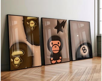 Set Of 3 HypeBeast Room Decor, Hypebast kaws Poster, Cool Wall Art Set,, 3D Wall Art Bundle, HypeBeast Wall Art, Trendy Wall Art,