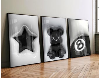 Set med 3 HypeBeast rumsdekor, Hypebast kaws-affisch, cool väggkonst-set, 3D-väggkonstpaket, HypeBeast-väggkonst, trendig väggkonst,