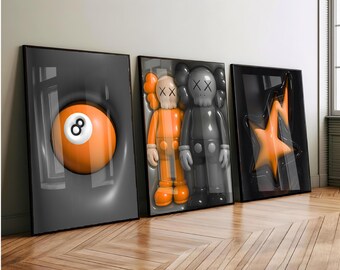 Set Of 3 HypeBeast Room Decor, Hypebast kaws Poster, Cool Wall Art Set,, 3D Wall Art Bundle, HypeBeast Wall Art, Trendy Wall Art,