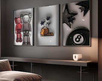 Set Of 3 HypeBeast Room Decor, Hypebast kaws Poster, Cool Wall Art Set,, 3D Wall Art Bundle, HypeBeast Wall Art, Trendy Wall Art,