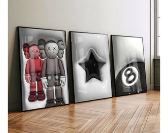 Set Of 3 HypeBeast Room Decor, Hypebast kaws Poster, Cool Wall Art Set,, 3D Wall Art Bundle, HypeBeast Wall Art, Trendy Wall Art,
