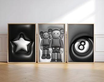 HypeBeast Rumsinredning, Hypebast kaws Poster, Cool Väggkonst Set, 3D Väggkonst Paket, HypeBeast Väggkonst, Trendig Väggkonst,