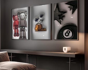 Set Of 3 HypeBeast Room Decor, Hypebast kaws Poster, Cool Wall Art Set,, 3D Wall Art Bundle, HypeBeast Wall Art, Trendy Wall Art,