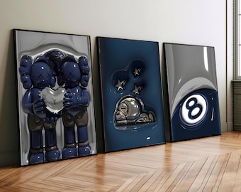 HypeBeast Room Decor, Hypebast kaws Poster, Cool Wall Art Set,, 3D Wall Art Bundle, HypeBeast Wall Art set of 3 printable, Trendy Wall Art,