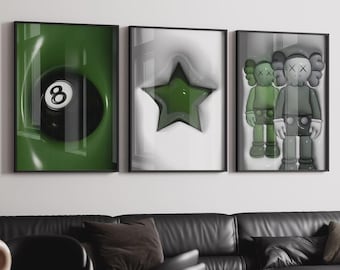 Set Of 3 HypeBeast Room Decor, Hypebast kaws Poster, Cool Wall Art Set,, 3D Wall Art Bundle, HypeBeast Wall Art, Trendy Wall Art,