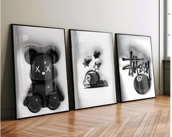 Set Of 3 HypeBeast Room Decor, Hypebast kaws Poster, Cool Wall Art Set,, 3D Wall Art Bundle, HypeBeast Wall Art, Trendy Wall Art,