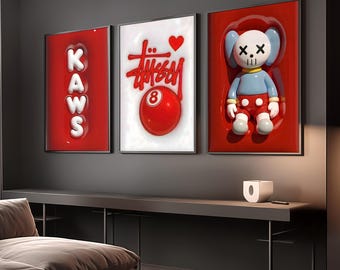 HypeBeast rumsdekor, set om 6, Hypebast kaws-affisch, cool väggkonst-set, 3D-väggkonstpaket, HypeBeast-väggkonst, trendig väggkonst,