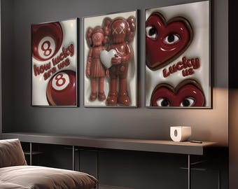 Set Of 3 HypeBeast Room Decor, Hypebast kaws Poster, Cool Wall Art Set,, 3D Wall Art Bundle, HypeBeast Wall Art, Trendy Wall Art,