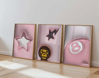 Set med 3 HypeBeast rumsdekor, Hypebast kaws-affisch, cool väggkonst-set, 3D-väggkonstpaket, HypeBeast-väggkonst, trendig väggkonst,