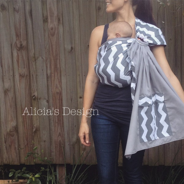 Ready to Ship - Modern Grey Chevron Ring Sling - Trendy Mama - Pocket - Newborn to 35lbs. - 4 Carrying Styles
