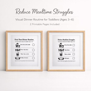 May include: Two framed prints with a light wood finish. The prints feature a visual dinner routine for toddlers, with the text "Reduce Mealtime Struggles" at the top. Each print includes a checklist with steps like "Sit at the table" and "Take bites."