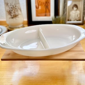Vintage Corning Pyrex Divided Oval Casserole Dish Milk Glass MCM Mid-Century