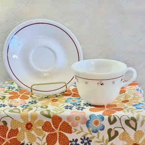 Vintage Burgundy Rose by Corning Pyrex Milk Glass Flat Cup & Corelle Saucer - 1980s