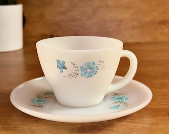 Vintage Fire King Bonnie Blue Cup and Saucer Set - 1950s MCM Mid-Century - RESCUE