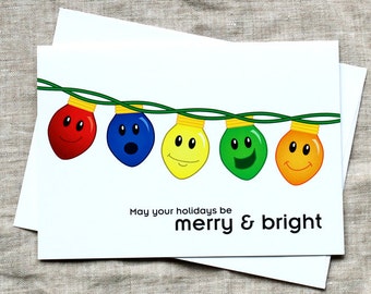 Cute Christmas Card, Cute Holiday Card, Merry & Bright Christmas Card, Christmas Lights, Cute Holiday Card