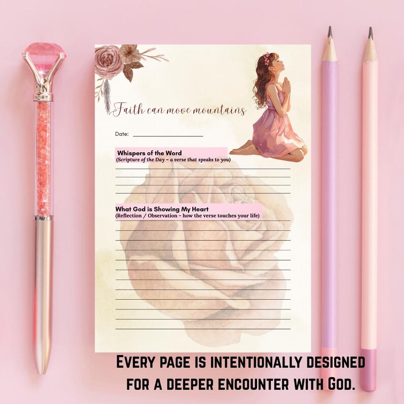 May include: A pink and silver pen with a diamond-shaped top and a journal with lined pages and the text "Faith can move mountains." Two pink pencils and the text "EVERY PAGE IS INTENTIONALLY DESIGNED FOR A DEEPER ENCOUNTER WITH GOD."