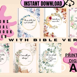 May include: A collection of six spiral notebook covers with floral designs and Bible verses. The covers feature various watercolor floral arrangements and gold circular frames. The text includes phrases like "The joy of the Lord is your strength" and "I am God's workmanship."