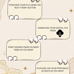 May include: An infographic with a beige background and gold accents, detailing how to get a printable. The steps include purchasing the file, downloading it, printing desired pages, and using the printables.