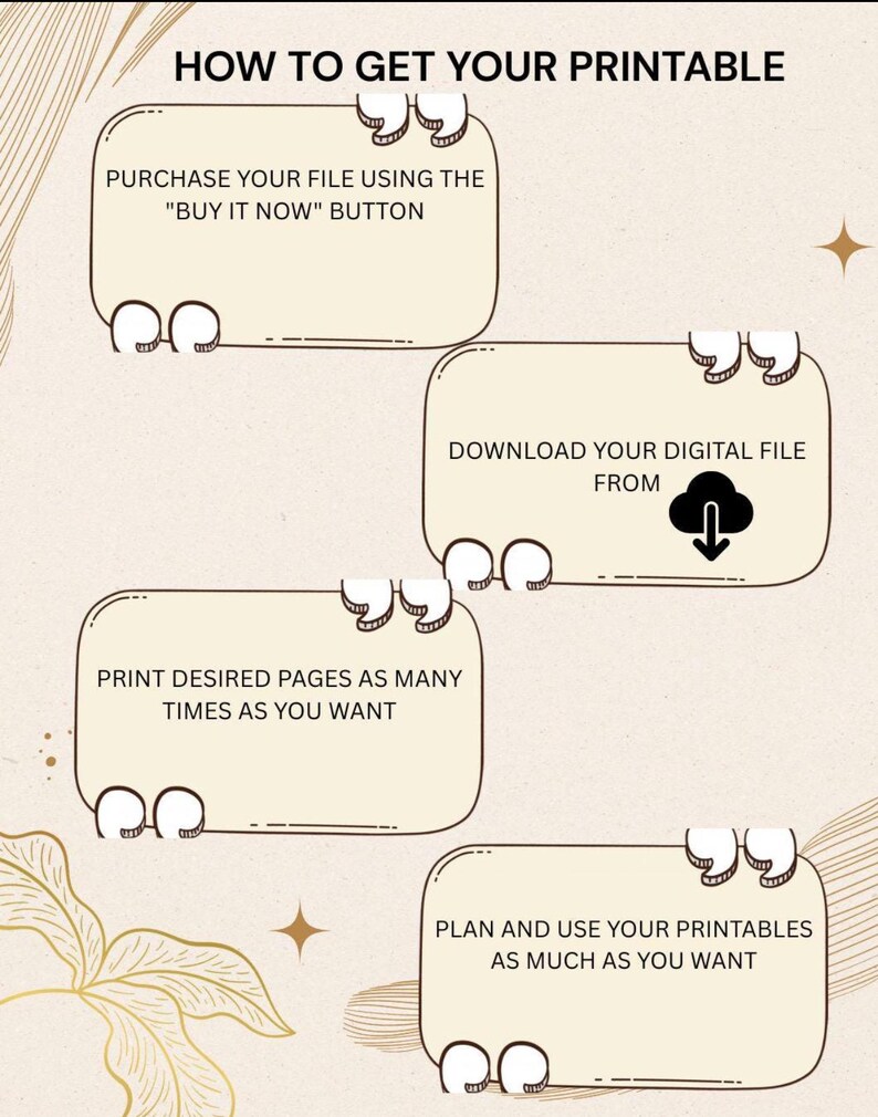 May include: An infographic with a beige background and gold accents, detailing how to get a printable. The steps include purchasing the file, downloading it, printing desired pages, and using the printables.