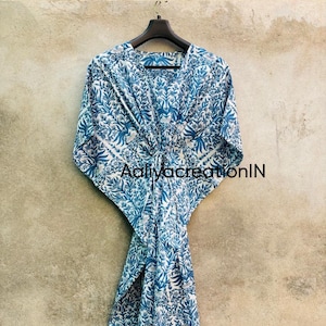 Floral Block Print Cotton Kaftan Dress: Blue Indian Maxi Beach Cover-Up