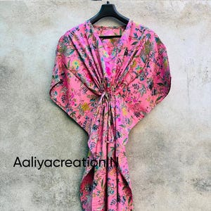 Floral Block Print Cotton Kaftan Dress: Indian Maxi Beach Cover-Up