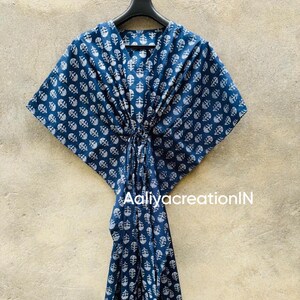 Floral Block Print Cotton Kaftan Dress: Blue Indian Maxi Cover-Up