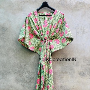 Floral Block Print Cotton Kaftan Dress: Green Indian Maxi Cover-Up