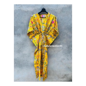 Floral Block Print Cotton Kaftan Dress: Yellow Indian Maxi Cover-Up