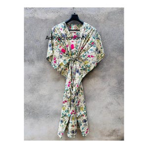 Floral Block Print Cotton Kaftan Dress: Indian Maxi Beach Cover-Up