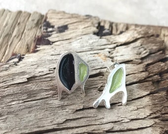 silver black enamel stud earrings - tiny earrings - one of a kind pair of earrings -  jewelry gift for daughter